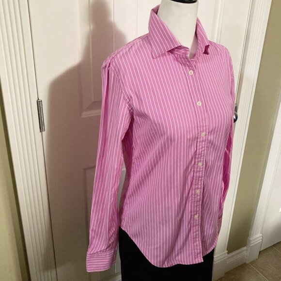 RALPH LAUREN Pink white vertical striped button-down shirt ~ SMALL MEDIUM blouse - Picture 4 of 12